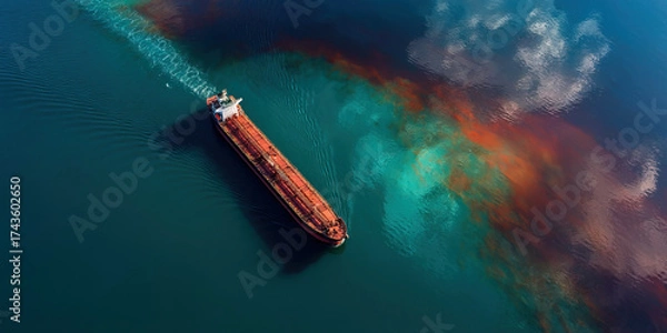 Obraz Pollution and oil slick on water with offshore cargo tanker viewed from above