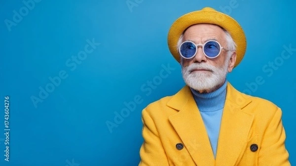 Fototapeta Elderly man with a white beard, dressed in a striking yellow coat and blue sunglasses, stands against a vivid blue backdrop, embodying contemporary style and confidence