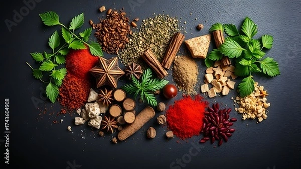 Obraz Assorted herbs and spices arranged on a dark surface, overhead view.