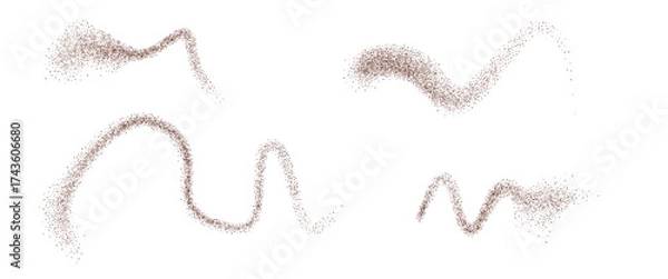Fototapeta Coffee or chocolate powder lines. Noise gradients fly stroke shapes set. Grainy texture splash wavy long elements. Splash dotwork seed forms. Vector gritty wavy lines. Grunge food figures.