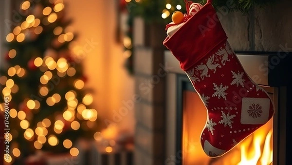 Obraz A Christmas stocking by a fireplace in a cozy living room with soft lights.