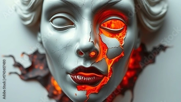 Obraz A porcelain mask with cracks revealing molten lava, representing suppressed emotions in aging women.