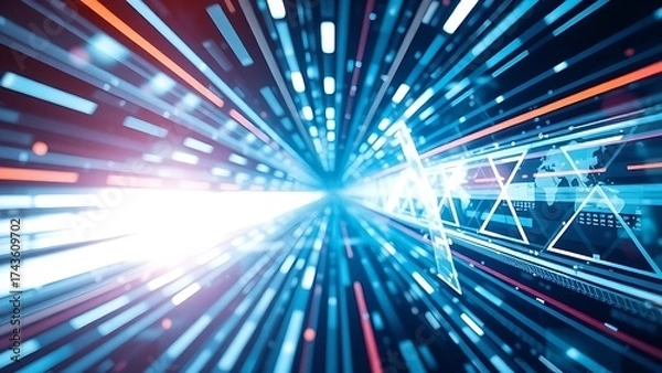 Obraz Abstract geometric patterns and light trails in modern tech aesthetic.