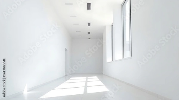 Obraz Modern white office corridor with large windows and clean lines.