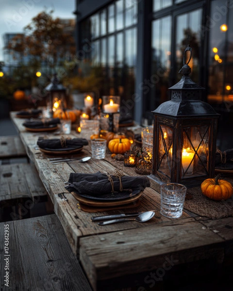 Fototapeta Halloween and Autumn Table Setting with Pumpkins and Lanterns