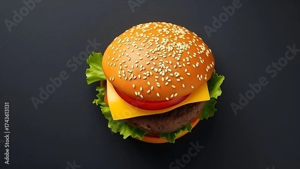Obraz Fresh burger with lettuce and cheese isolated on a dark slate background.