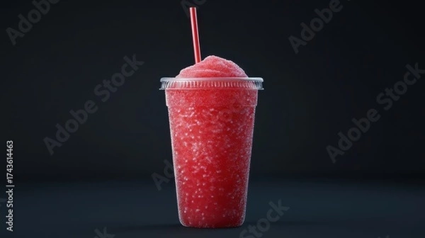 Obraz Refreshing Red Slushie Drink with Straw on Dark Background.