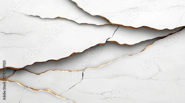 Fototapeta Cracked White Surface with Golden Accents and Textured Patterns