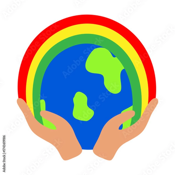 Obraz Hands Holding Earth Globe with Rainbow Flat Vector Illustration