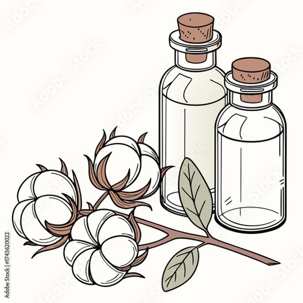 Obraz Illustration of cotton bolls and leaves next to two glass bottles filled with clear liquid and cork stoppers