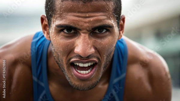 Obraz Inclusive fitness values diversity and participation. Intense athlete focused on performance, showing determination and sweat during training.