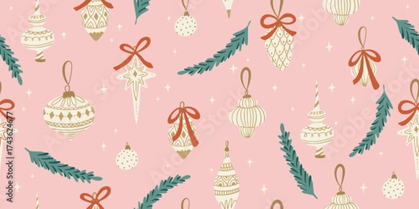 Fototapeta Modern hand drawn christmas seamless pattern with tree decoration, pastel pink background, elegant festive vector design for wrapping paper, fabric, greeting cards and holiday decor