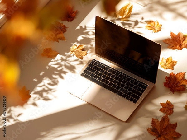Fototapeta  Laptop surrounded by colorful autumn leaves on light background, creating cozy fall atmosphere with soft sunlight.