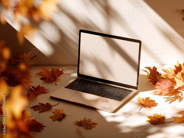 Fototapeta  Laptop surrounded by colorful autumn leaves on light background, creating cozy fall atmosphere with soft sunlight.