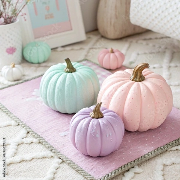 Fototapeta Pastel Mini Pumpkins in Mint, Pink and Lavender on Soft Textured Mat — Cute Autumn Decor for Home or Party
