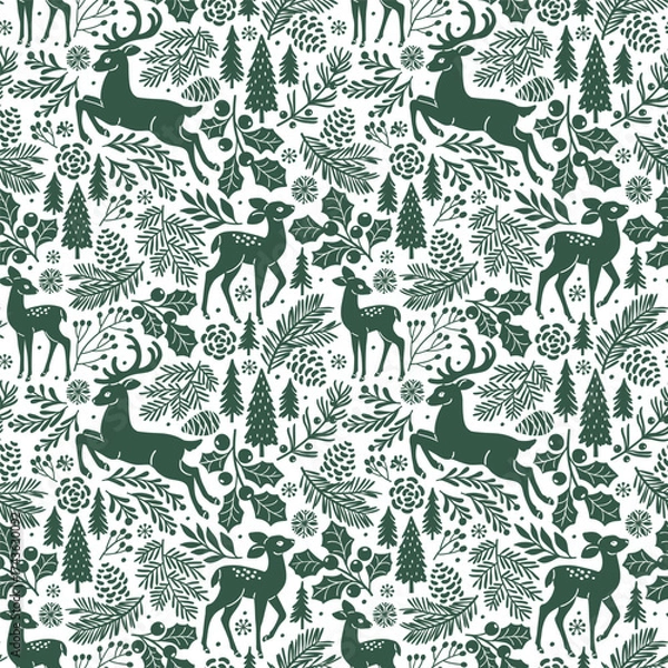 Obraz Seamless vector pattern with woodland deer and winter foliage. Cute deer and fawn on botanical background. Hand drawn illustration of wildlife. Perfect for textile, wallpaper or print design.