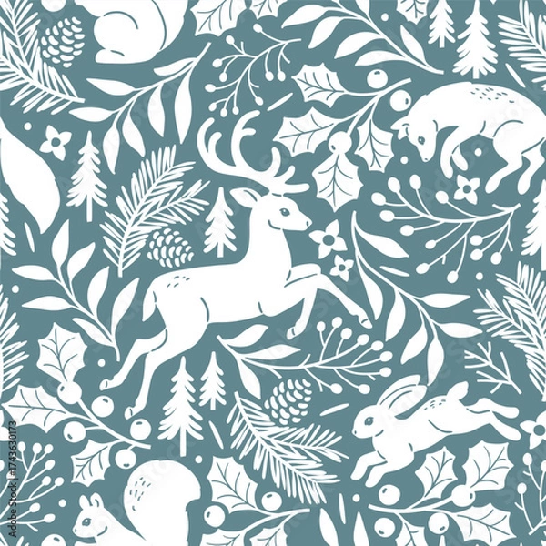 Fototapeta Seamless vector pattern with woodland animals and winter foliage. Deer, fox, squirrel, wolf and rabbit on botanical background. Hand drawn illustration of wildlife. Perfect for textile or wallpaper.