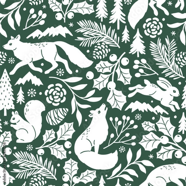 Fototapeta Seamless vector pattern with woodland animals and winter foliage. Wolf, rabbit and squirrel on botanical background. Hand drawn illustration of wildlife. Perfect for textile, wallpaper or print design