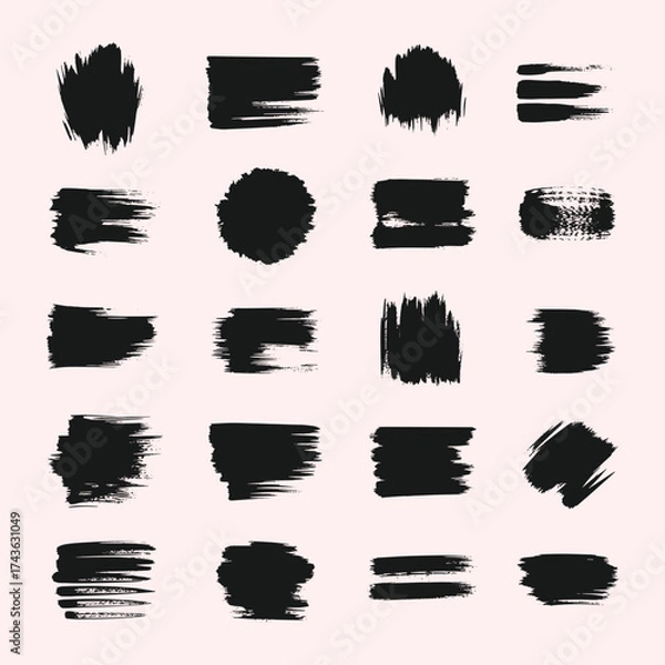 Fototapeta Collection of twenty black ink brush strokes and splatters on a light pink background grunge