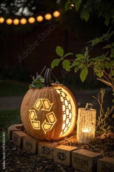 Fototapeta Eco-Friendly Halloween Jack-o'-Lantern with Recycle Symbol Carving, Glowing in Garden at Night with String Lights and Rustic Decor