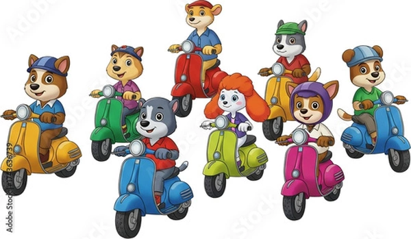 Fototapeta A group of cheerful cartoon animals riding colorful scooters isolated on transparent background