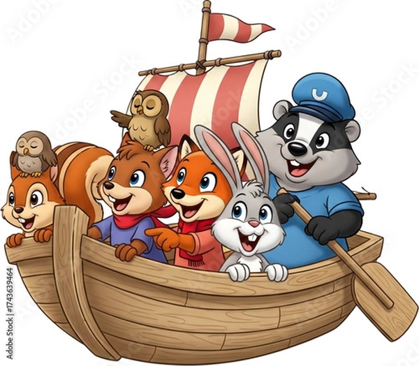Fototapeta group of cute cartoon animals on a boat isolated on transparent background