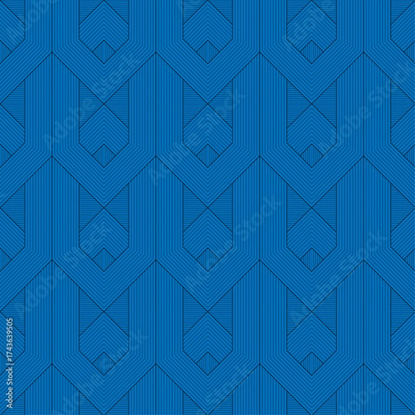Fototapeta Seamless Royal Blue Geometric Pattern with Interlocking Art Deco Style Fine Line Striped Hexagons and Diamond Shapes
