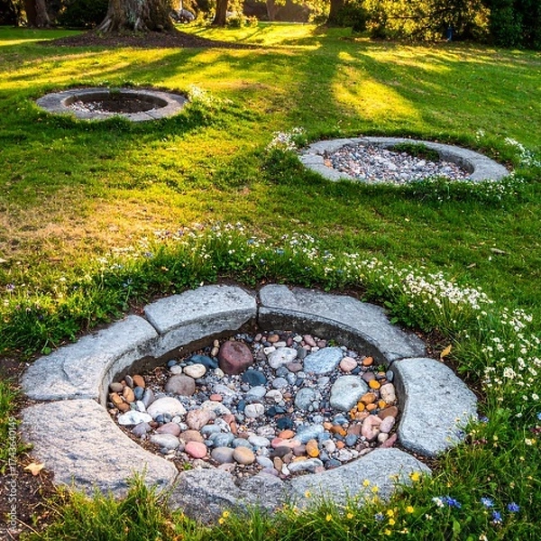 Fototapeta Circular stone planters in grassy park