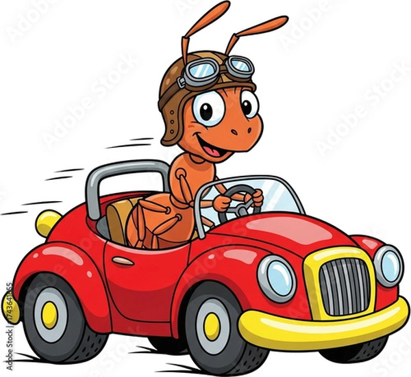 Fototapeta A cheerful cartoon ant wearing aviator glasses driving a car isolated on transparent background