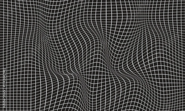 Fototapeta White grid distortion on black colour wave distorting vector pattern. Checkered pattern deformation. Vector graphic illustration.