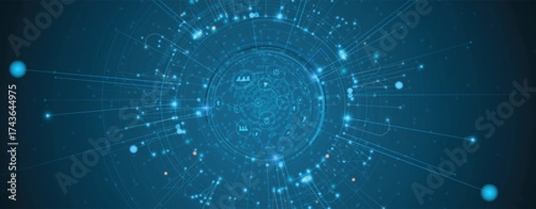 Fototapeta Abstract circuit technology advanced digital ecosystem of interconnected smart nodes