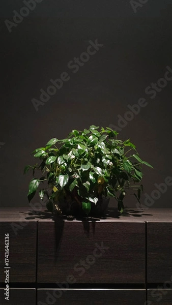 Fototapeta A minimalist indoor scene featuring a healthy potted plant with lush green foliage placed on a dark wooden surface.