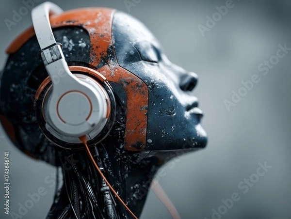 Fototapeta AI robot wearing headphones listening to music symbolizing the era of artificial intelligence music