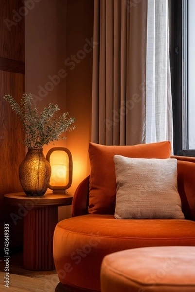 Fototapeta Warm modern interior with orange accents and golden natural light creating uplifting and creative atmosphere
