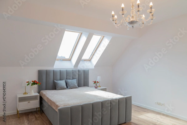 Obraz modern cozy bedroom in white modern attic