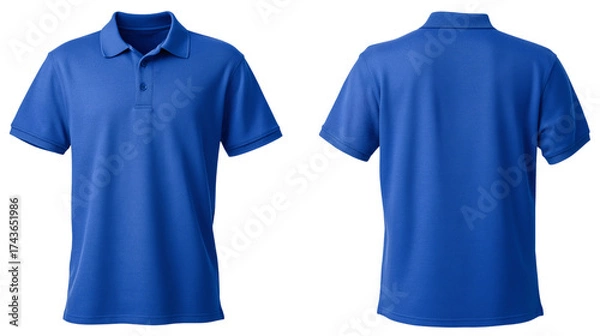 Fototapeta vivid blue polo shirt mockup front and back view isolated on white background for brand presentation
