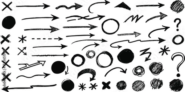 Fototapeta Hand drawn black arrow pointing left with cross and squiggle graphic elements
