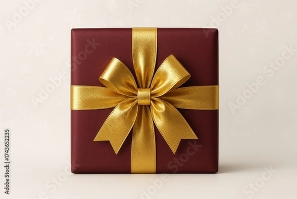 Fototapeta Red gift box with golden bow on festive snowflake background