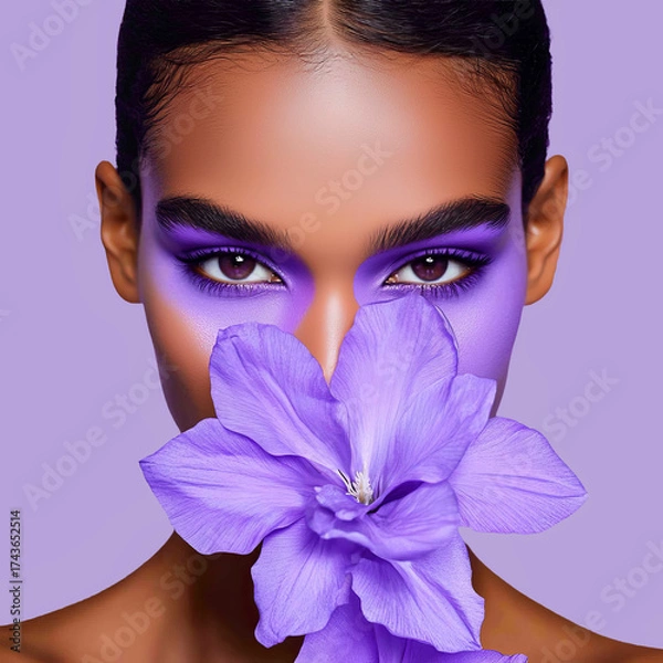 Fototapeta  female model with purple eyeshadow and eyeliner holding a flower in front of his face
