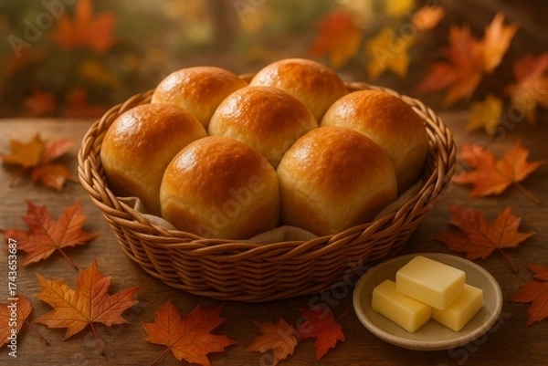 Fototapeta Freshly baked dinner rolls in basket with butter, surrounded by autumn leaves on rustic wooden table.