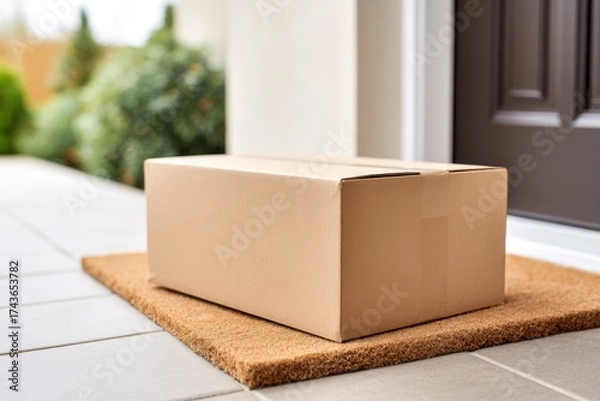Fototapeta A generic delivery package rests on a coir doormat outside a residential doorway.