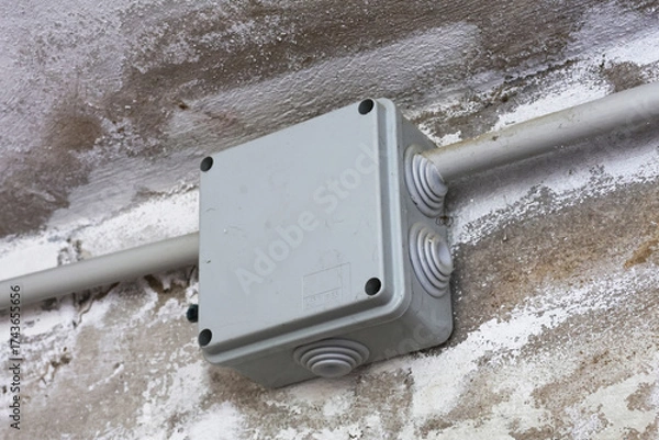 Obraz Severely Damaged Wall with Plaster Loss and Moisture Stains Caused by Rising Capillary Damp, Highly Dangerous Due to Exposed Electrical Cables 