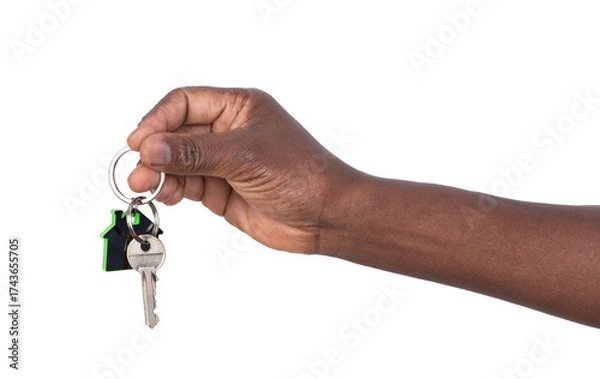 Fototapeta Hand holding a key to a house or an apartament isolated on white or transparent background