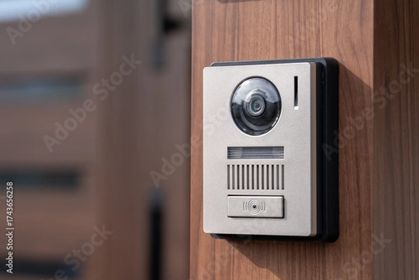 Obraz 木目の門柱に取り付けられたモニター付きインターホン