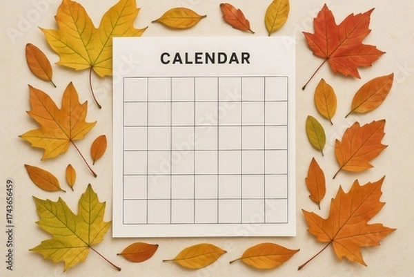 Fototapeta Autumn leaves around empty calendar sheet with clean grid on beige background, ready for planning or marking events.