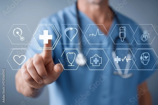 Fototapeta Close-up of a doctor's hand touching a glowing digital medical cross icon surrounded by a honeycomb pattern of healthcare interface icons.