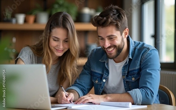 Fototapeta Young beautifull woman and man study together ,work with laptop and discuss queshions,start up project. High quality