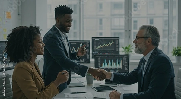 Obraz Business team celebrating success with growth charts on screen, handshakes and smiles, professional office environment