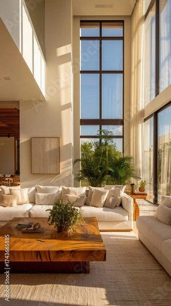 Obraz living and dining room with large glass windows, walls with no artwork, beige sofa in linen fabric, cushions, wooden coffee table