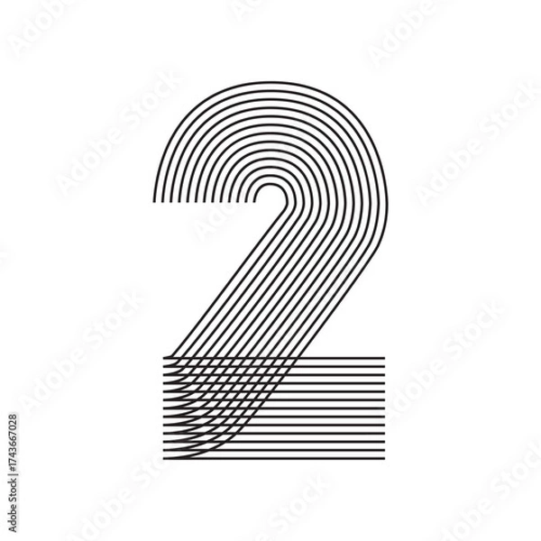 Obraz Number two 2 Line Art in black thin lines striped isolated on white background. Graphic design vector illustration for Banner Greeting Card Annual Report Poster Event Anniversary Symbol Jubilee Flyer